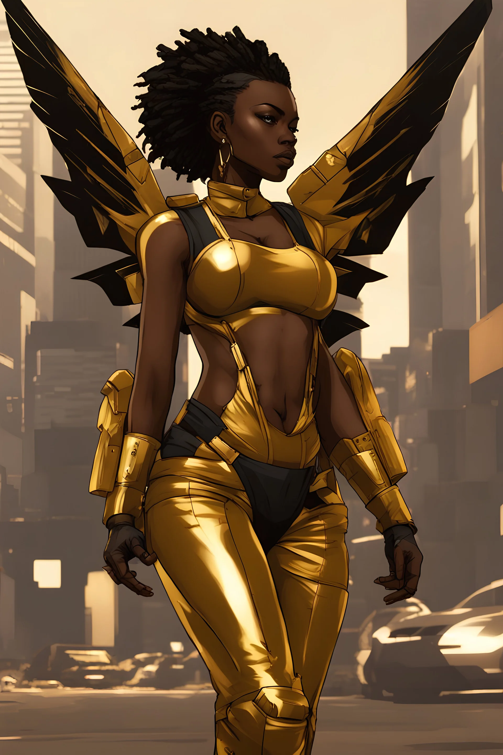 Female south african with black hawk wings on her back wearing golden gaunlets. in a south african inspired outfit with wind powers,futuristic, arcane style, metal gear style,night city style,king of fighters style,spideverse style,gorillaz style,street fighter 6 style