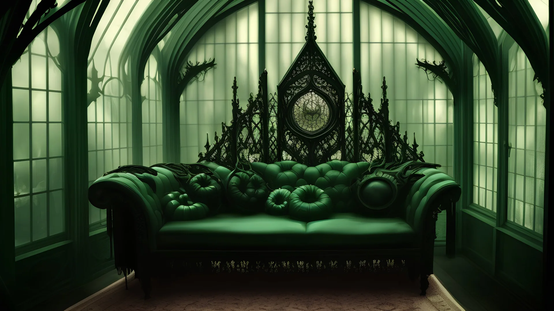 Vampire living room in gothic green house, 8k, high quality, trending art, trending on artstation, sharp focus, studio photo, intricate details, highly detailed, by tim burton