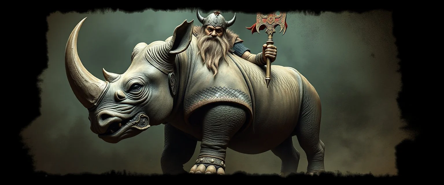3d airbrush render, full body of rhino troll badger warrior priest , pinhole cam, airbrush 3d rendering, in the style of Titian and Rembrandt , torn edges on border