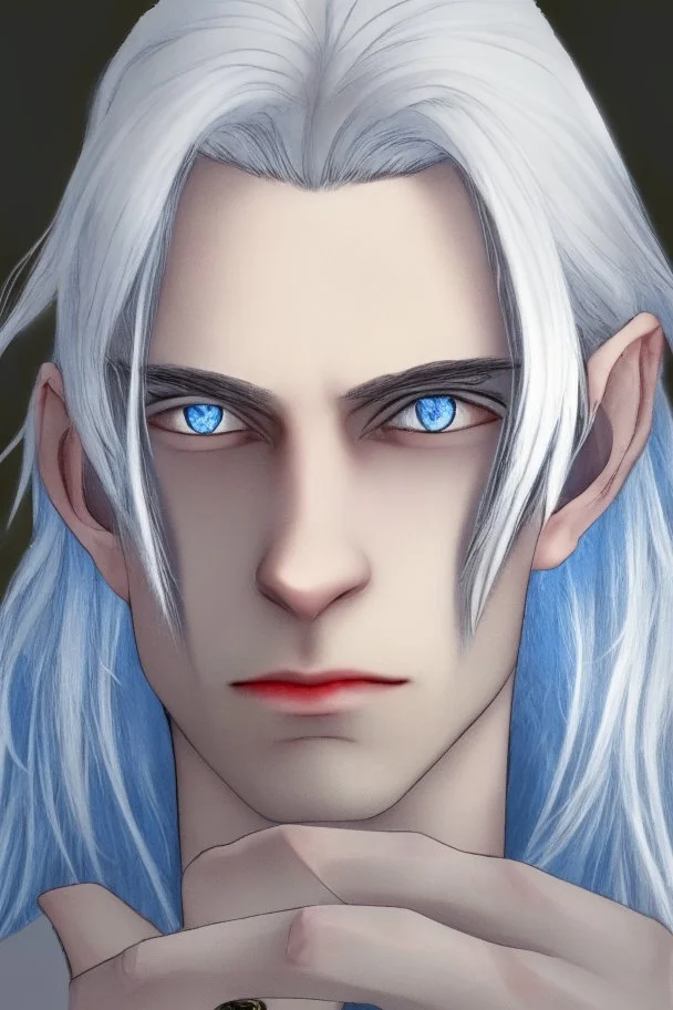 Realistic young man, long white hair covering one eye, blue eye, has rings on his hand, pale skin, slim bit fit