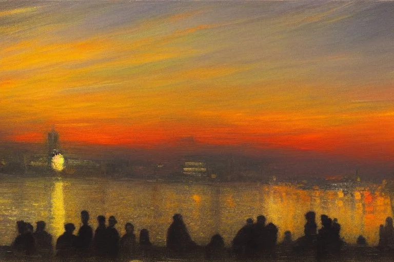 Futuristic city, people, sunset, philip wilson steer and lesser ury influences, realistic painting