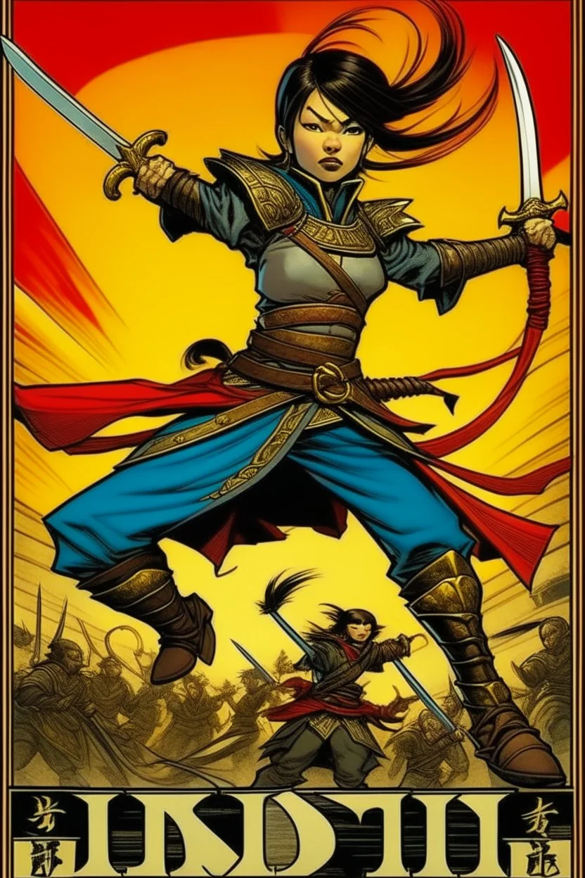 Create image of the text plane style comic character : A woman, believing herself a fearsome warrior, dramatically confronts the invading Mongols. She holds her sword upside down and shouts "You do not fear the educated woman...". A Mongol casually pushes her over and steals her dictionary, revealing her misguided idea of strength. The Mongols burst into laughter. Comic Image Ideas * Panel 1: Woman stands defiantly, sword held backwards, Ertugrul music blasting in the background. Mongols look