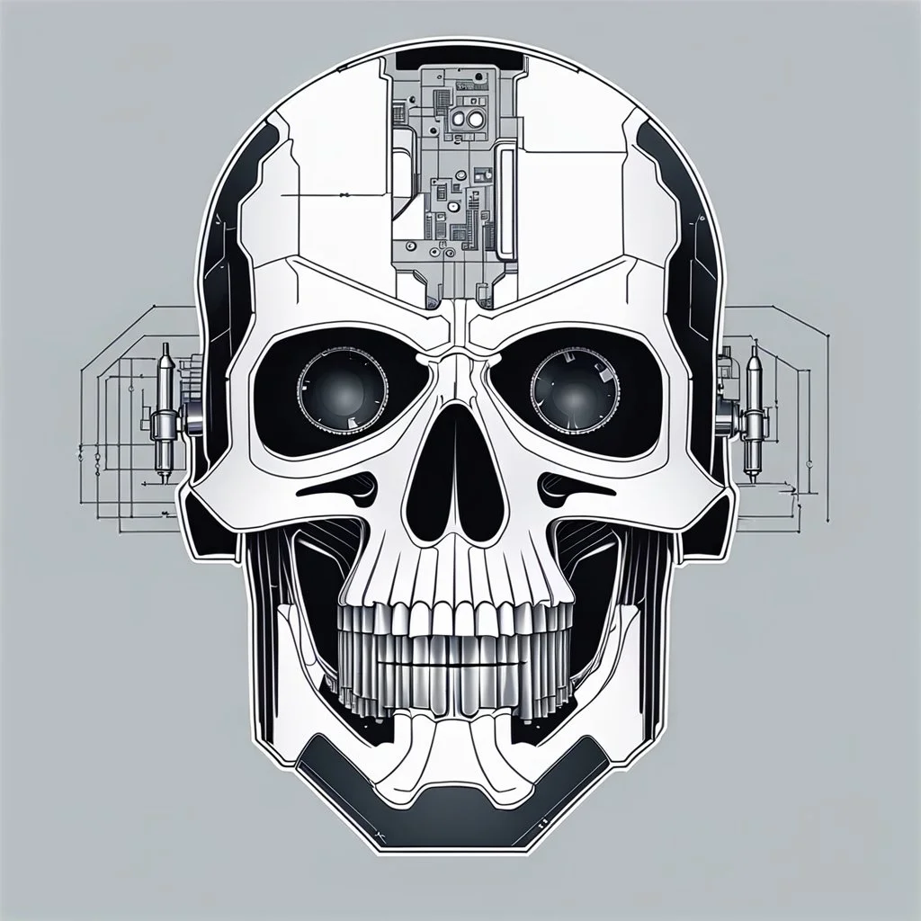 FLAT VECTOR LAYERED IMAGE OF CYBERNETIC SKULL PARTS IN A SCHEMATIC, BLACK AND WHITE, AUTOCAD, FINE LINE BLUEPRINT,