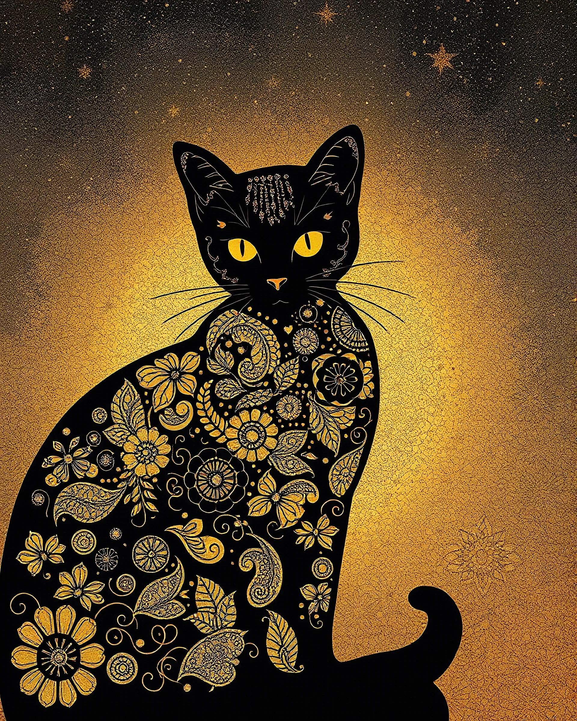 A beautiful silhouette cat illustration in zentangle patterns in the old world aesthetics in artistic style of gustav Klimt