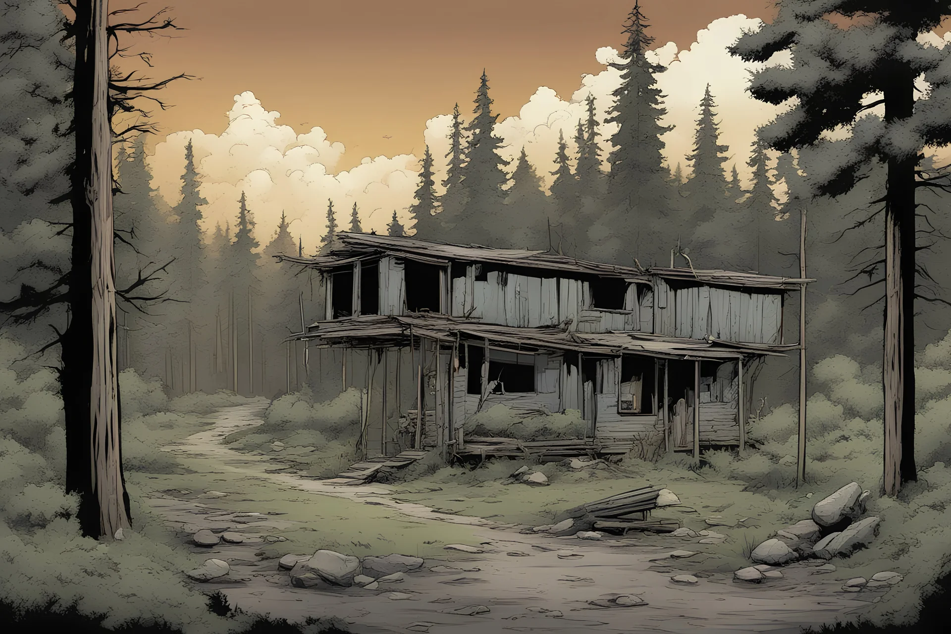 camp, forest, post-apocalypse, front view, comic book, cartoon