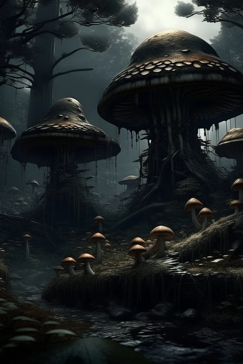 scary dark mushroom city in the forest