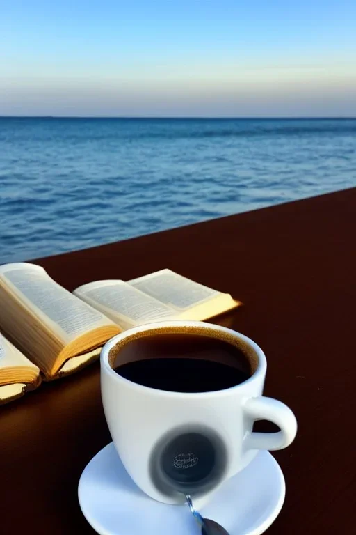 coffee and books, sea in the background