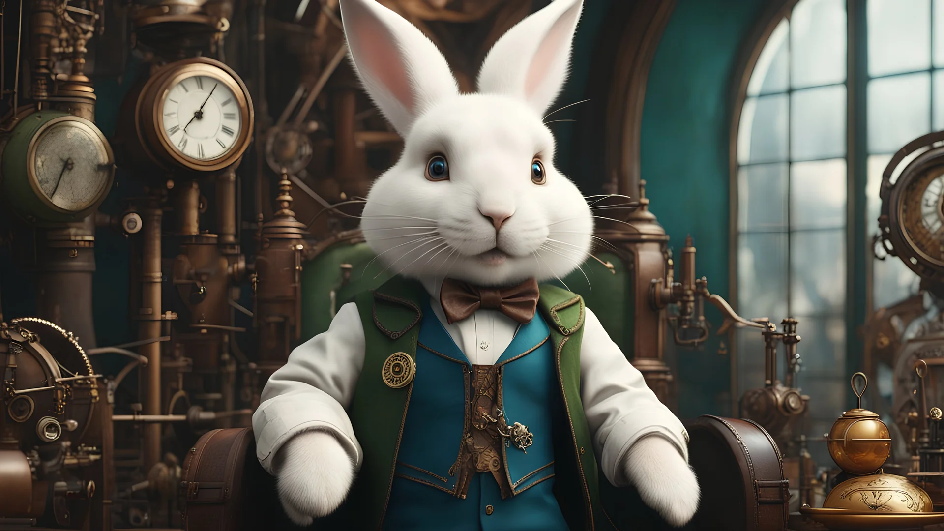 High-end state-of-the-art STEAMPUNK aesthetics flawless smiling cute fluffy heroic white rabbit, supreme cinematic-quality photography, blue green and honey brown pure leather clothes, Art Nouveau-visuals,Vintage style with Octane Render 3D technology,hyperrealism photography, (UHD) with high-quality cinematic character render,Insanely detailed close-ups capturing beautiful complexity,Hyperdetailed,Intricate,8K,Hyperrealism craftwork