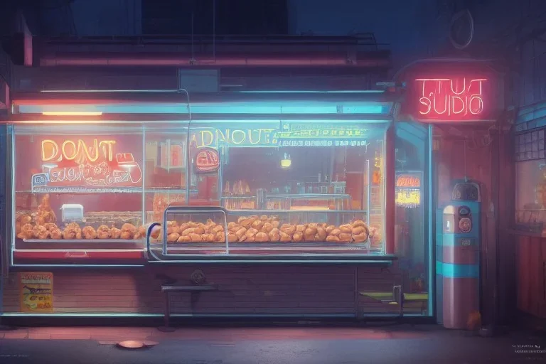 a highly detailed matte painting of a single small building, donut snack bar with take away counter with sign by studio ghibli, makoto shinkai, by artgerm, by wlop, by greg rutkowski, volumetric lighting, cyberpunk, octane render, 4k resolution, trending on artstation, masterpiece