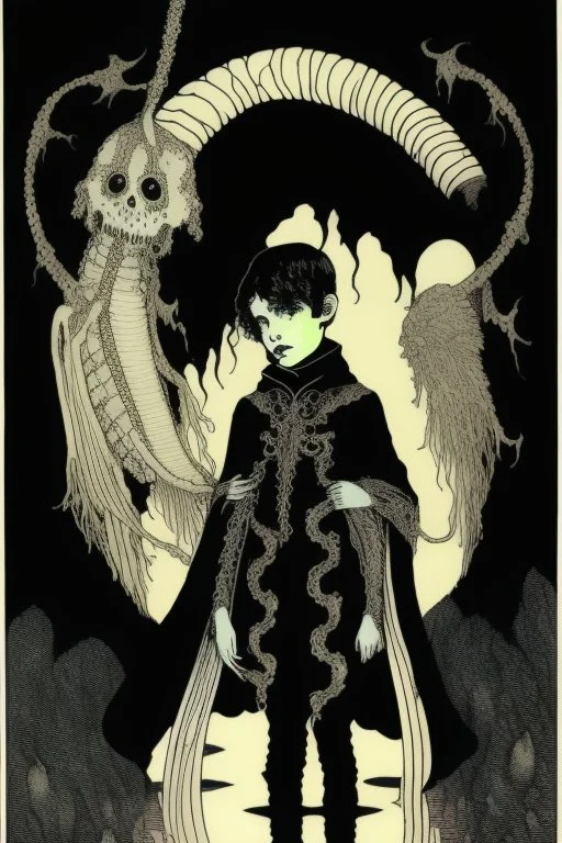 7 year old boy, necromancer, friendly, looks dead,with a long lamprey emerging from his belly , wearing black robes, in the style of Harry Clarke