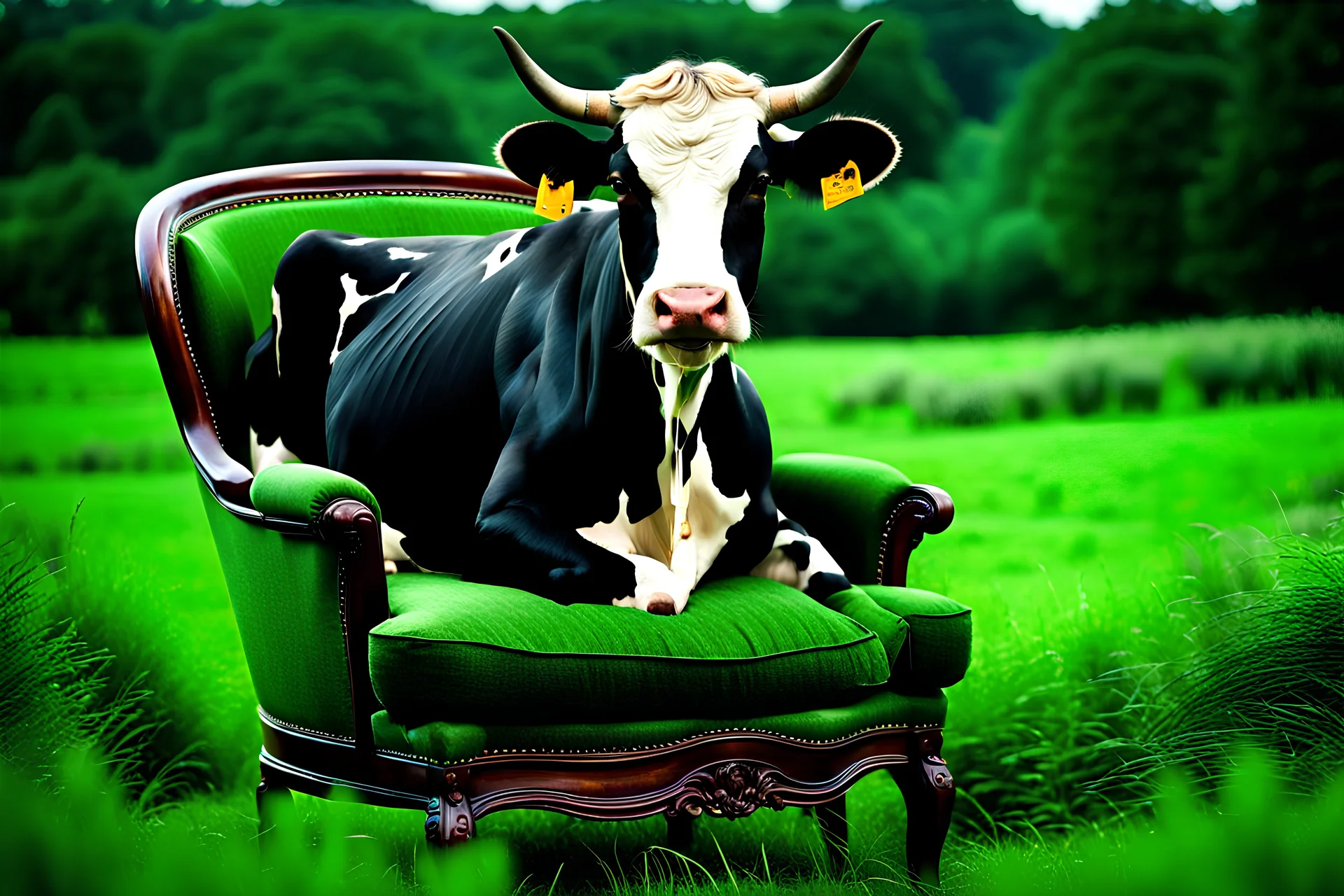 A cow sitting on an armchair in large dark soft green field