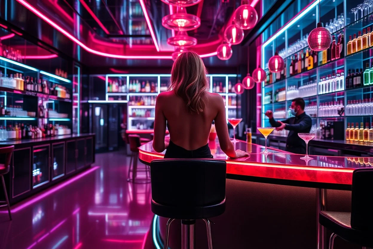 a chic and stylish fashionable lady sitting on tall barstool at an exteme futuristic bar, viewed from the back. On the counter in front of she stands a cocktail, neon lights. The bar backdrop features rows of bottles and glasses on shelves and in vitrines. the elegante barman make a coctail, high detalied, high realistic, professional photo