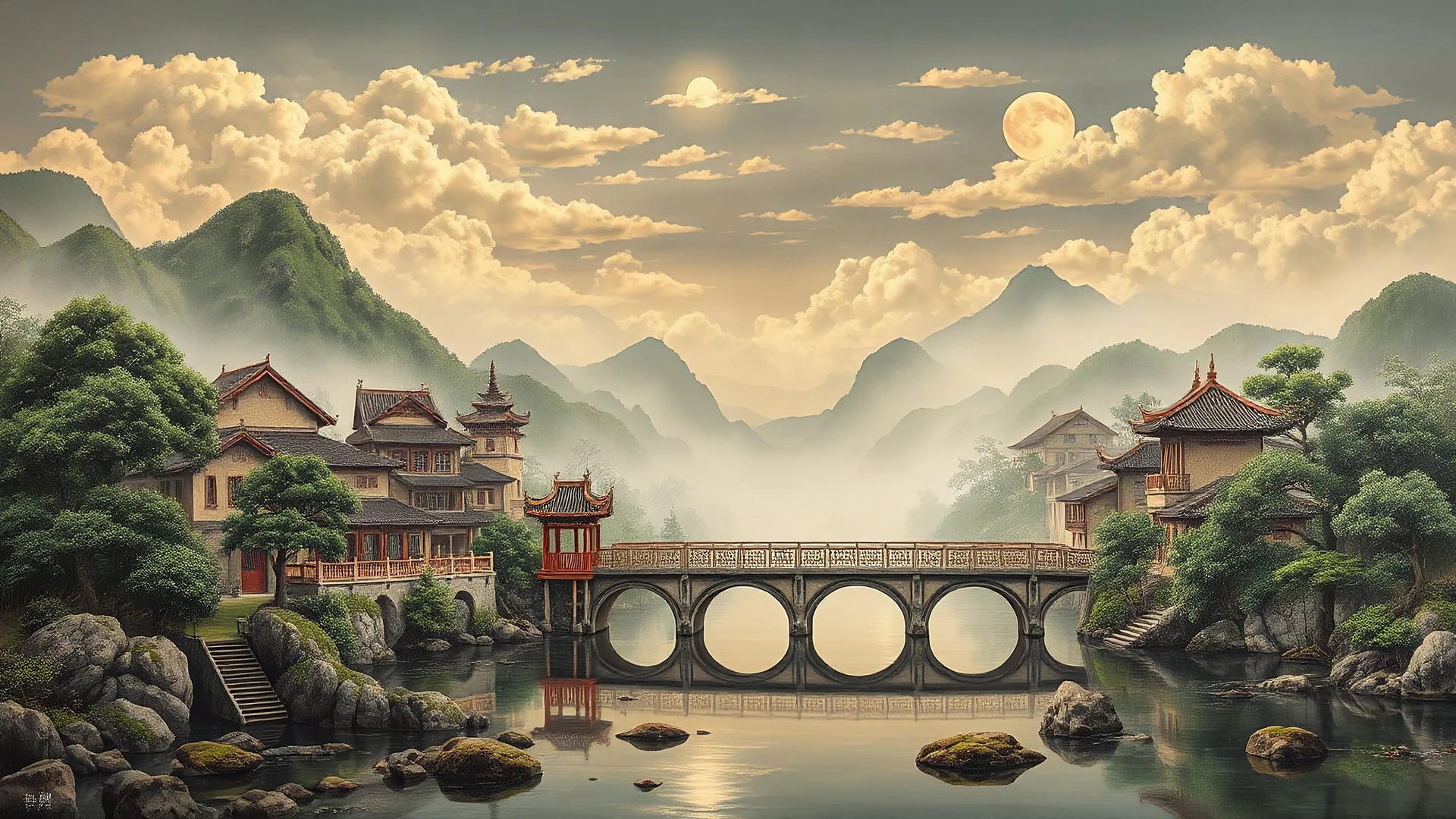 Wall mural style with gold-colored paint,Scenery of the ******** water towns,Huizhou-style architecture,trees,houses,mountains,moon,clouds,moonlight,river,reflection,arch bridge,steps,pavilion,moss,rocks,sky,cloud,fog, ,