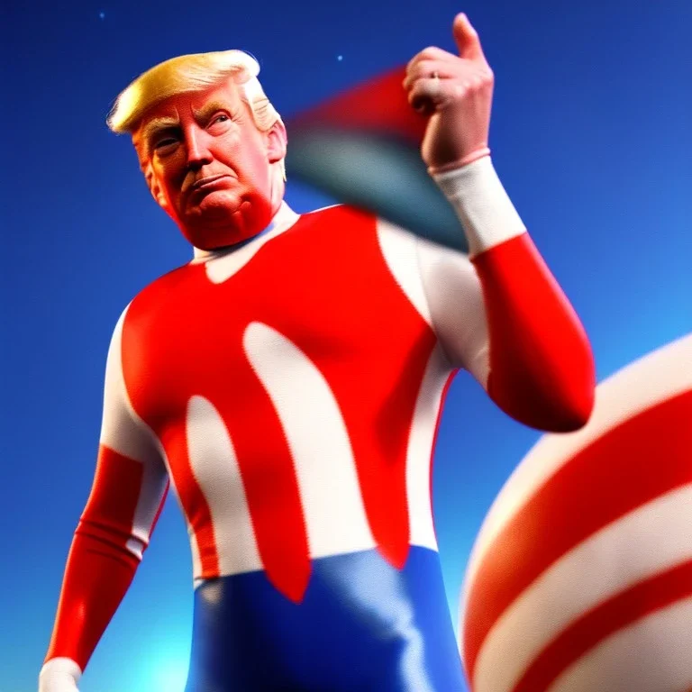 Realistic image of Donald trump super hero, retro style, watchmen style, red white blue colors, white stars, suspenders, latex material, 80s, vibrant color, highly detailed, sky background, concept art, unreal engine 5, god rays, ray tracing, RTX, lumen lighting, ultra detail, volumetric lighting, 3d, finely drawn, high definition, high resolution.