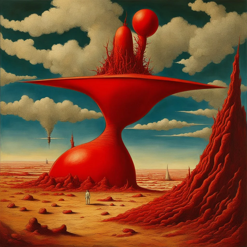 Odd open space, metaphysical, giant red object, very detailed, person, Yves Tanguy