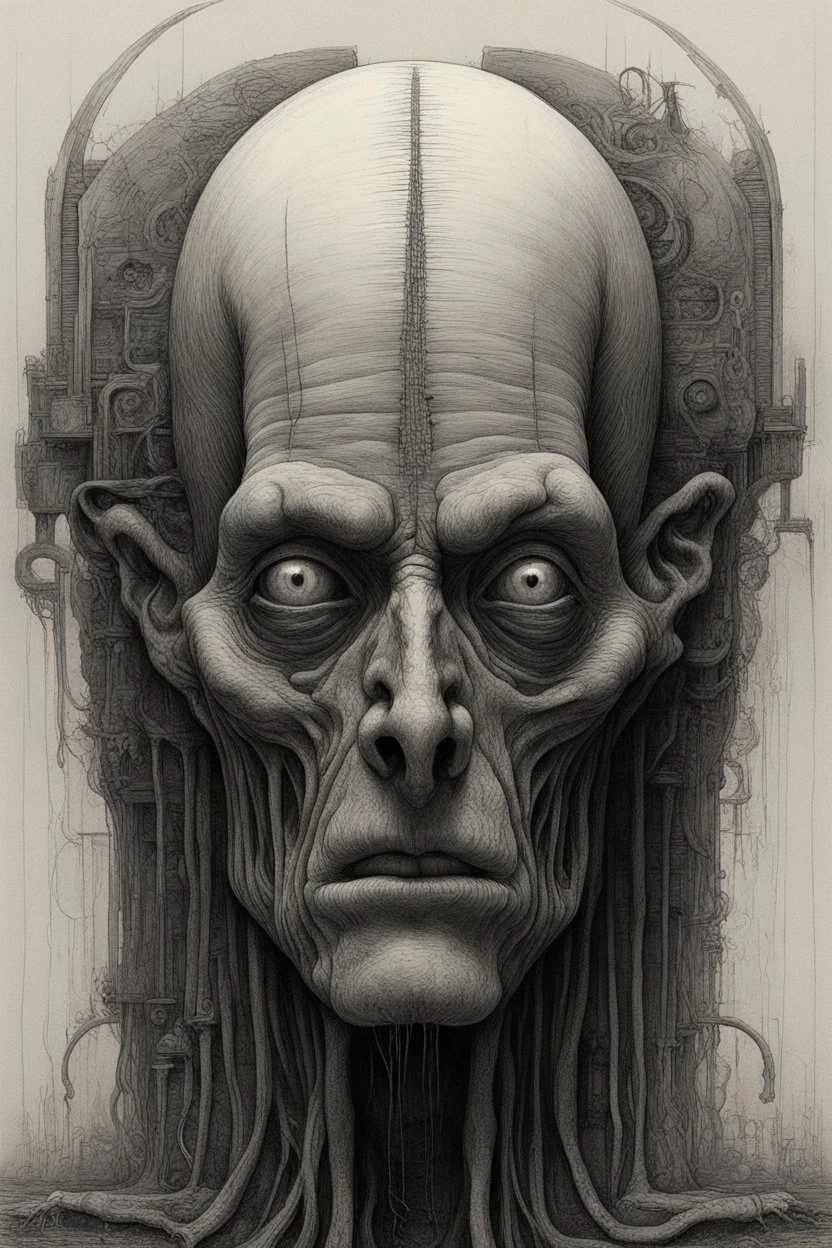 The face of and old men king, a thin line draw ، front view camera, decayed and rotting with grotesque proportions and imagery. surreal horror, biomechanical design, by hr giger and beksinski , fine lines draw