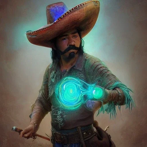 Insanely detailed photograph of an “ a mustachioed cowboy warrior "with worn Sombrero, handsome charo,cigar,glowing bluish green orb in outstretched hand, hyperdetailed painting by Ismail Inceoglu Huang Guangjian and Dan Witz CGSociety ZBrush Central fantasy art album cover art,8K, hdr, mysterious, flickeringlights ,Stoic