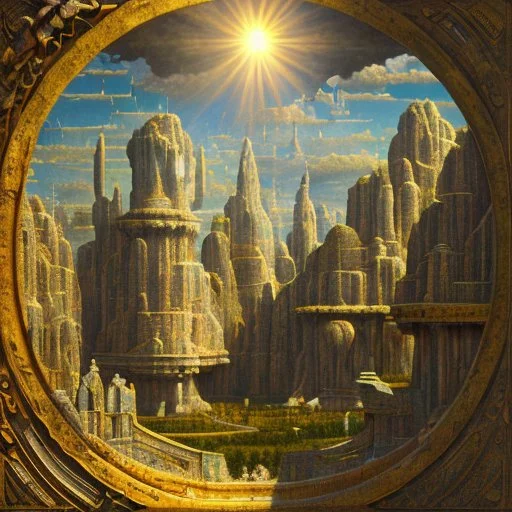 An incredibly peaceful detailed landscape, primordial nature, sun, by Max Ernst, Giotto, bas-relief, high resolution, volumetric light, 8k, 3d, cinematic