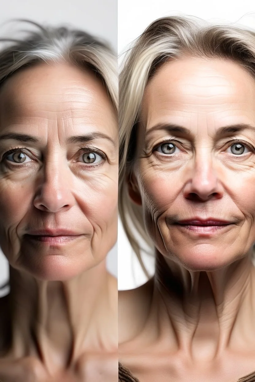 Stunning natural true colors professional photography showing a voluptuous and incredibly beautiful 45-year-old European woman on white background showing half of the face with wrinkles and other half without wrinkles