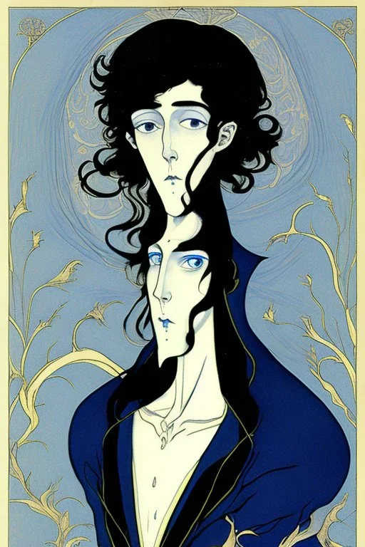 young black haired blue eyed wizard in the style of aubrey beardsley