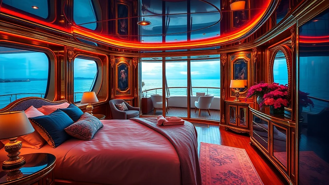 Sumptuous golden and glossy blue themed luxury bedroom inside a yacht lower deck, cinematic, colorful, red highlights, dramatic cinematic high quality lighting, sea visible through the big glass window