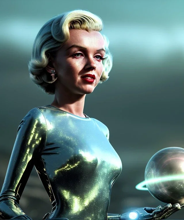 Ultra Realistic retro sci-fi 1960 scene, waist up view portrait, blonde woman, sweet young Marilyn Monroe face, perfect iris, tight latex coat, alien planet background, tight style, steel sphere dron levitating, fog, rain, soft color, highly detailed, unreal engine 5, ray tracing, RTX, lumen lighting, ultra detail, volumetric lighting, 3d, finely drawn, high definition, high resolution.