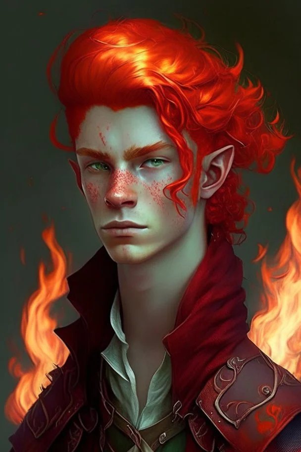 A teenage half-elf man, his hair is like red flame, looks charming but with an attitude, fancy clothing