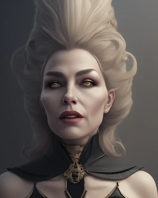 old evil queen in black leather gown, femme fatale, volouptous, busty, cleavage, angry, emperious, 8k resolution concept art portrait by Greg Rutkowski,