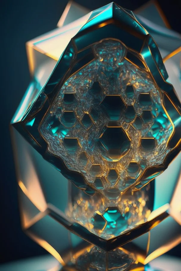 portrait of glass hexagon sacred sculpture with indentations, art, 4k, high detail, trending art, depth of field, volumetric light, dramatic lights