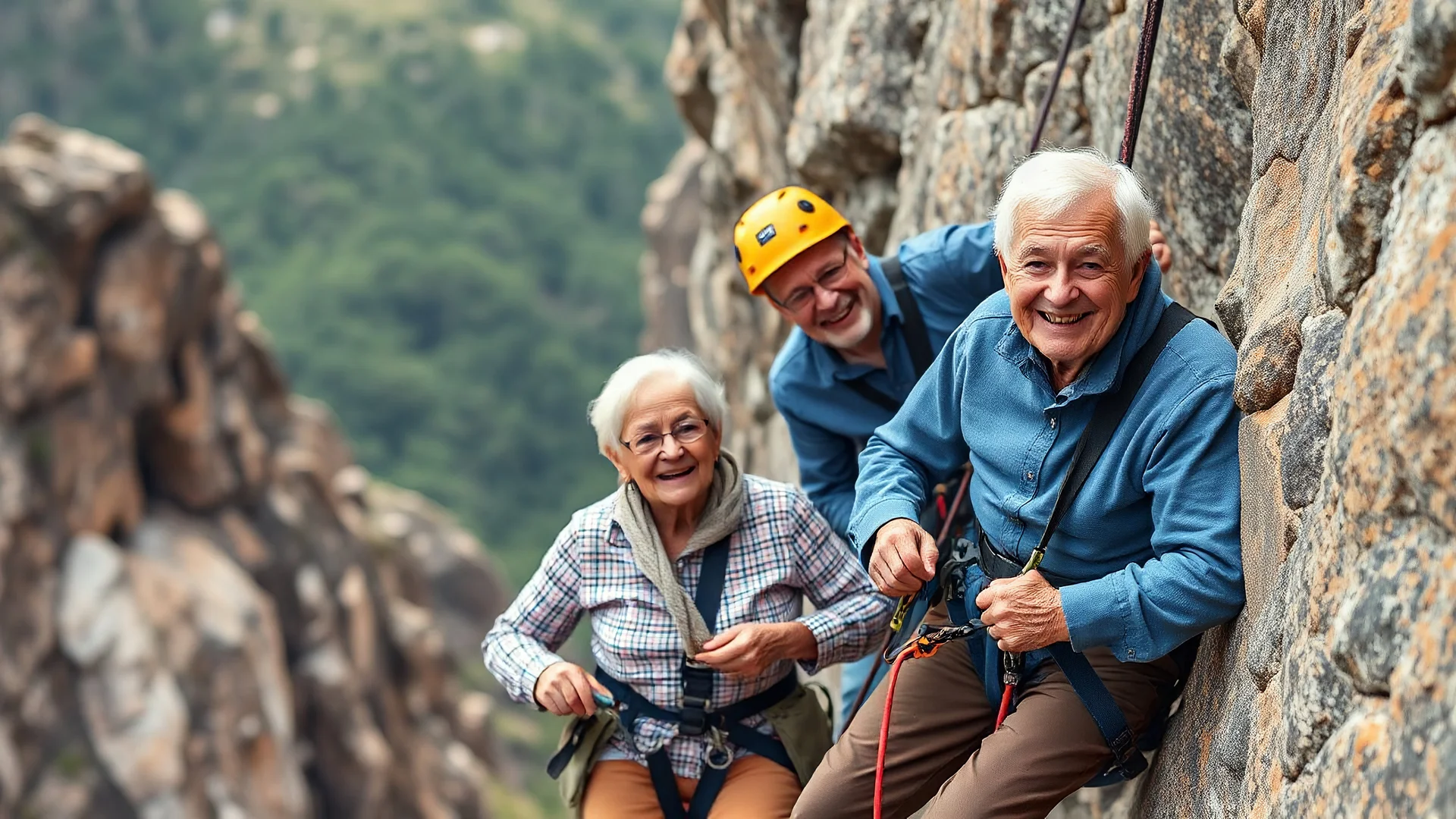 Elderly pensioners abseiling down a precipitous rock face. Everyone is happy. Photographic quality and detail, award-winning image, beautiful composition.