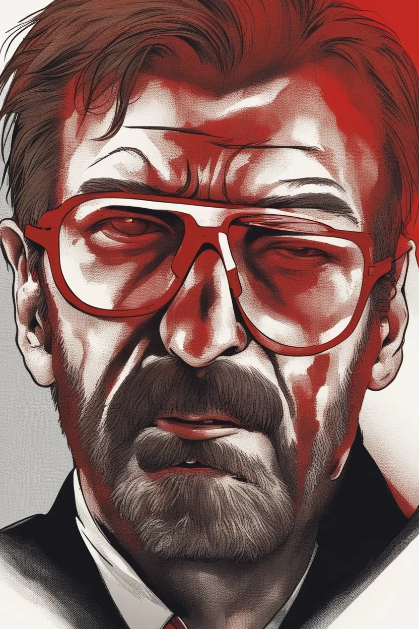 a tough looking, angry man who looks like Hans Gruber wearing solid red glasses