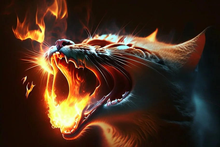 burning cat mouth in flamelight