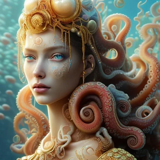 high-quality, fine-detail portrait of gorgeous, stunning goddess of water, octopus as hair, coral reef exoskeleton, 8k resolution, 3D octane render, intricate, digital art, detailed matte, volumetric lighting, George Grie, Anne Dittman, Anne Stokes, Lisa Parker, Selina French,