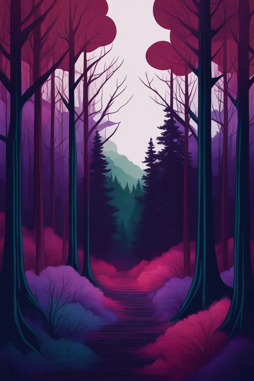 forest in dark red and purple trees and dark green and dark blue colors only, thin lines draw style