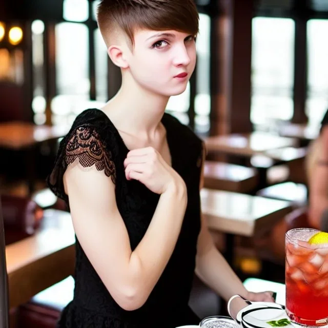 Russian guy boyish boylike short man's haircut boyish features in black girlish lacy cocktail dress in restaurant