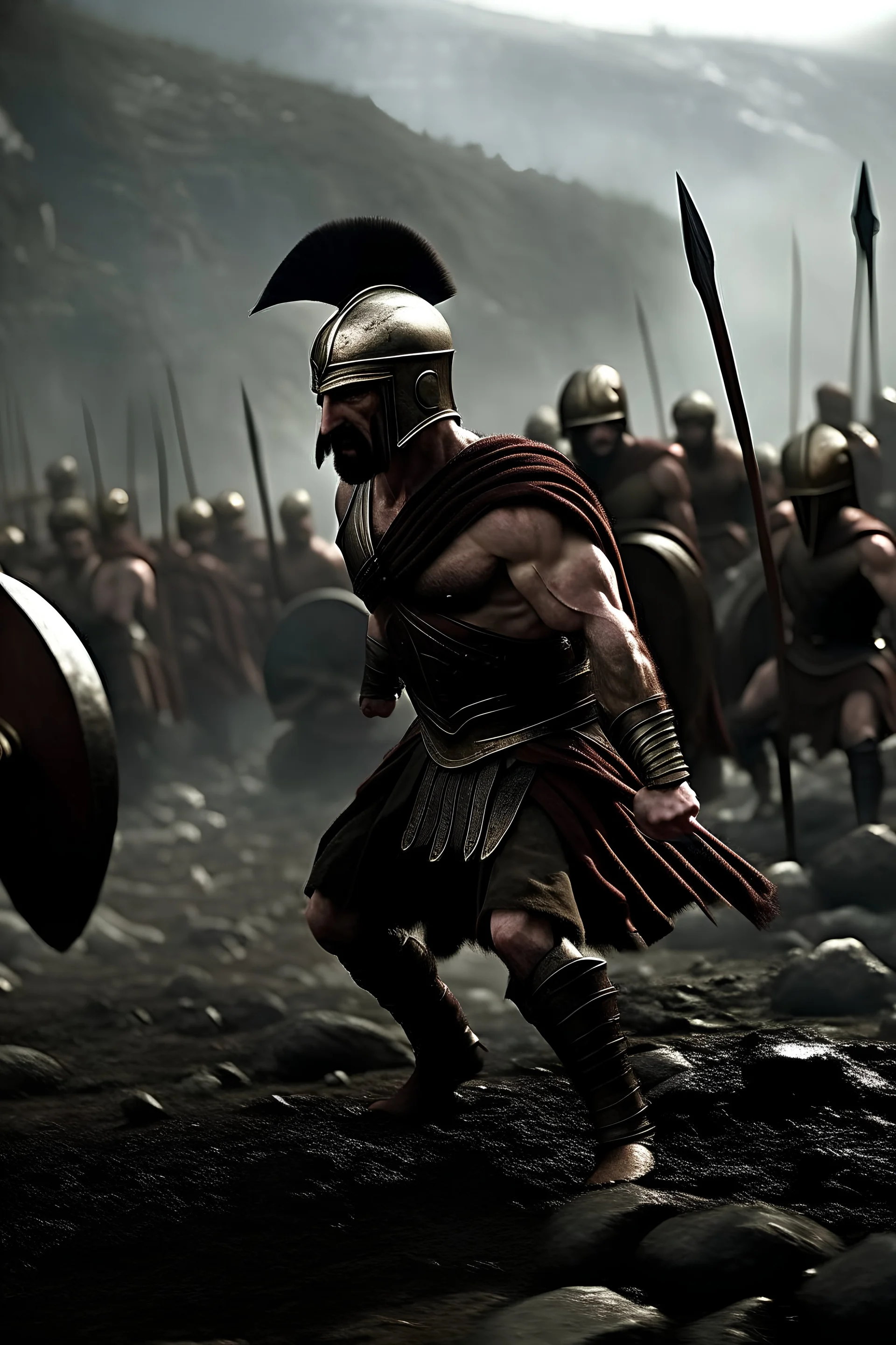 Cinematic shot of King Leonidas holding a spear, in the middle of a intense battle in Sparta Battlefield, the background is a battlefield , clash of swords, masculine, bodybuilder, determined, dynamic action, dynamic motion, combat pose, epic, dramatic, wide angle shot, cinematic lighting, photorealistic, clean sharp focus, film grain, hyper - detailed, directed by Zack Snyder