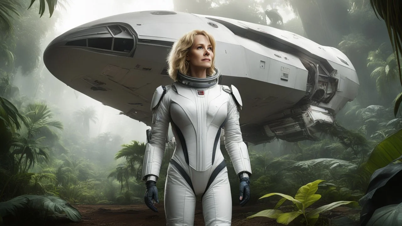 An ultrawide-angle, photorealistic image of an adventurous, slender, fifty-year-old woman from the future, dressed in a tailored, full-body spacesuit, stands to the right of her huge, wide, wingless cargo spaceship. Her uncombed, blond hair has bangs. Standing on a metal box in a jungle clearing.