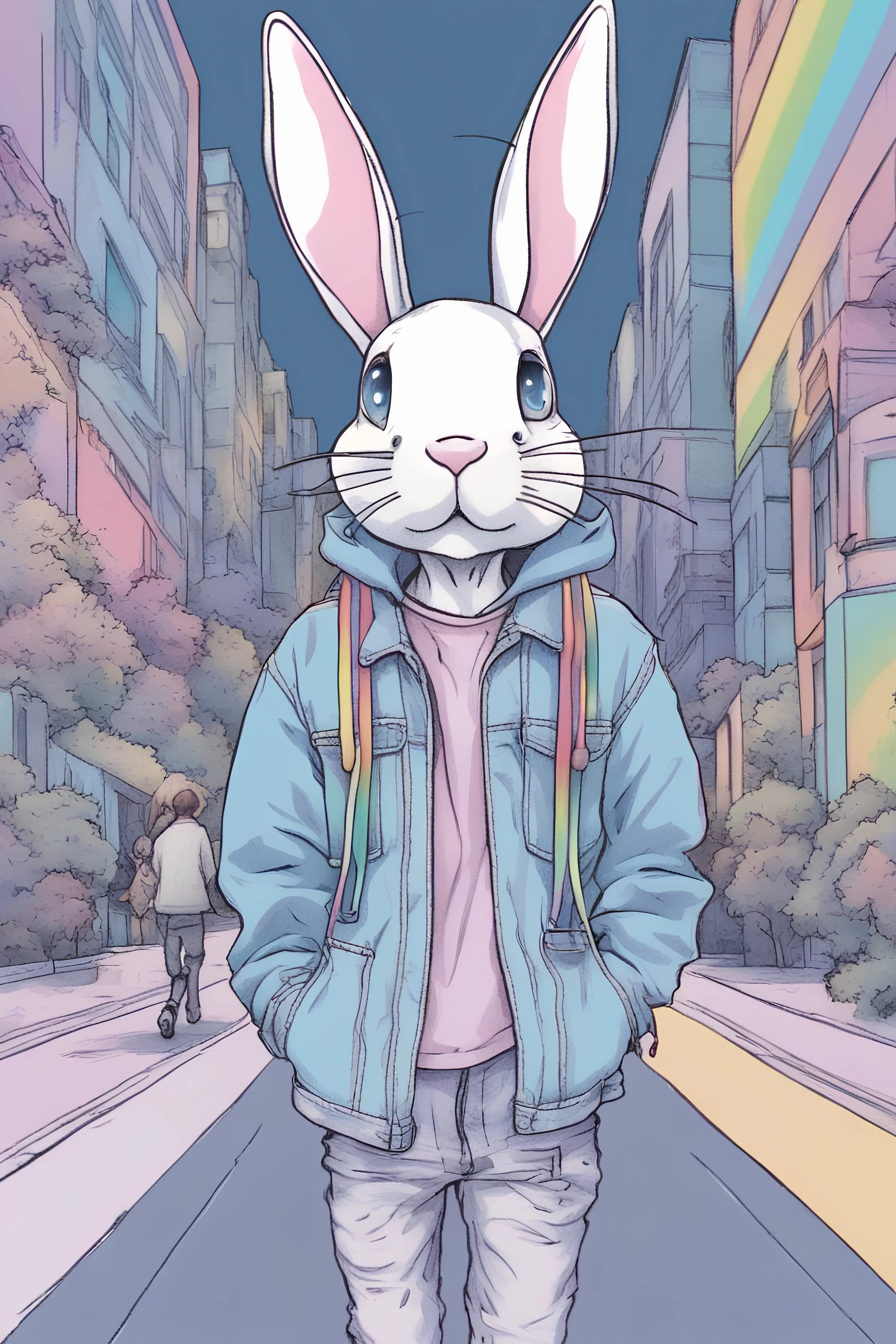 Anime illustrated cool elongated rabbit walking down street wearing a denim jacket, slender, long ears, cartoonist, eyes are half closed, hazy, stoned, pastel rainbow, pastel gothic theme, surreal fantasy illustration ,digital illustration, manga drawings, cartoonist, exaggerated,, optical art, symbolism, psychedelic, holographic, smooth, dadaism, chrome,