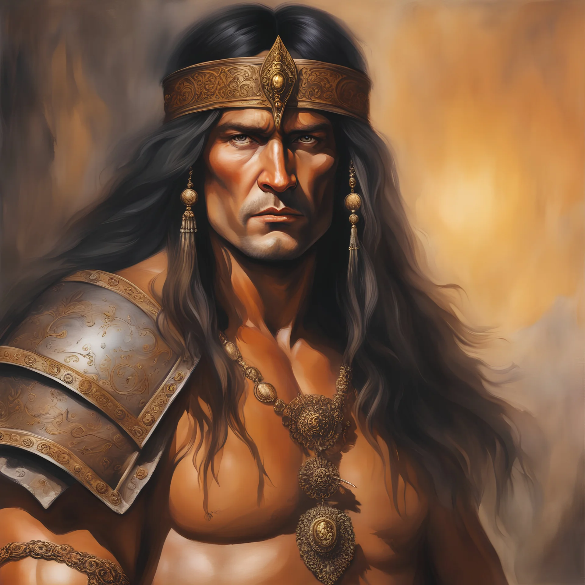 Conan the Barbarian dressed as a 14th century aristocrat, dark, multicolored watercolor stained wall in the background, oil painting in the art style of Boris Vallejo, 32k UHD, Hyper realistic, photorealistic, realistic, sharp, highly detailed, professional quality, beautiful, awesome, majestic, superb, trending on artstation