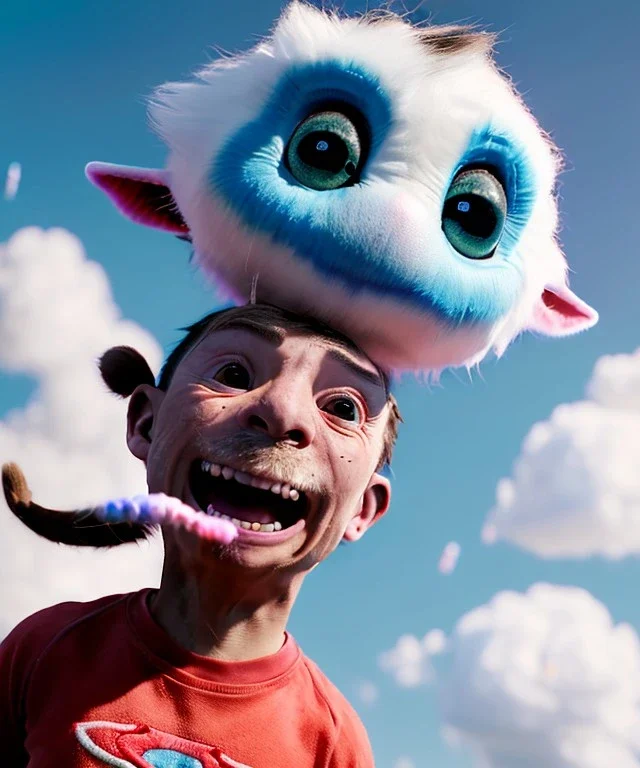 Ultra realistic clouds sky scene, medium shot view, portrait, sweet monster Childs free jumping flying, trinkets, jelly beans, smile, happy, Wes Anderson style, Peter Pan, inflatable color clothing, extreme, wind, clouds sea, 20,000 feet altitude, stratosphere, soft color, highly detailed, unreal engine 5, ray tracing, RTX, lumen lighting, ultra detail, volumetric lighting, 3d, finely drawn, high definition, high resolution.