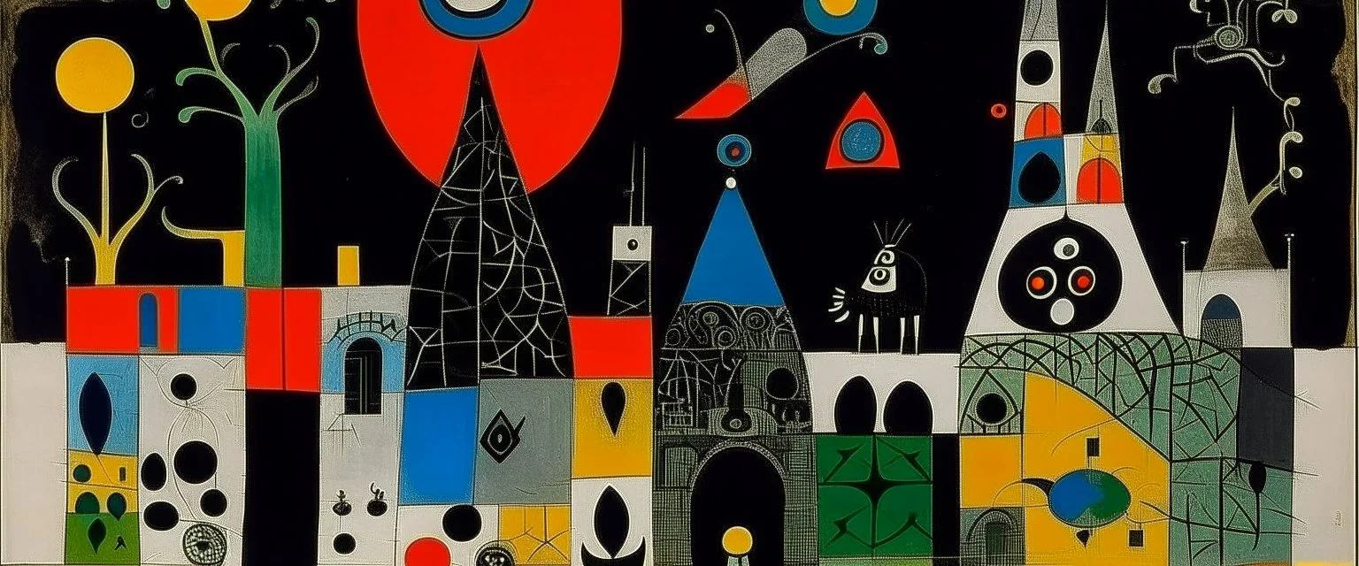 A black fortress in a shadow realm designed in ancient Egyptian pottery painted by Joan Miro
