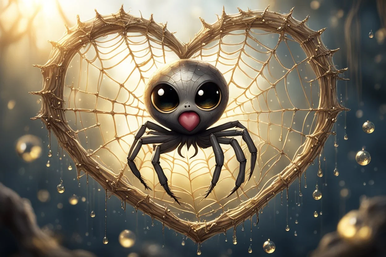 Cute chibi spider in heart shaped web, water drops and golden glitters in sunshine Weight:1 horror Gustave Doré Greg Rutkowski Weight:0.9