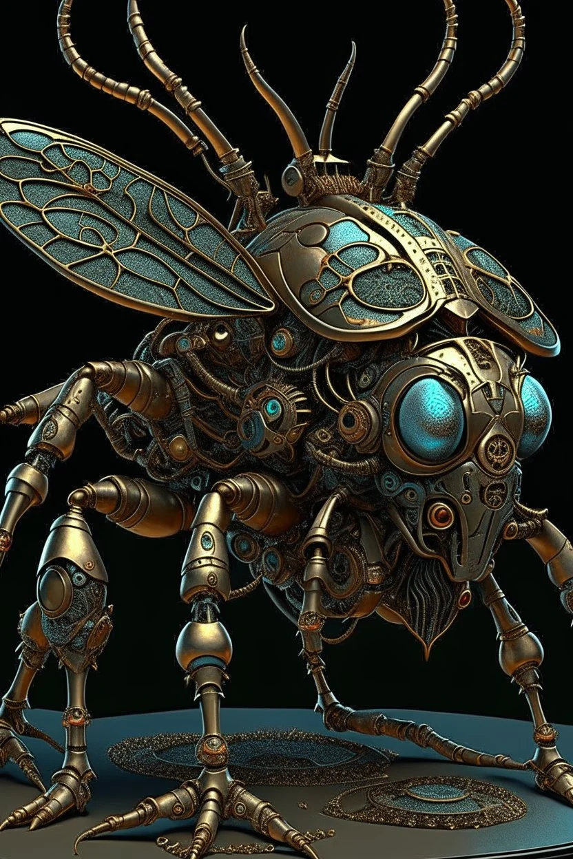 neon steampunk insect with kris kuksi sculpture style highly detailed objects, symmetric, front view, as trending in artstation, weird creature, dystopian, crisp detailed cogs and gear, jules verne, 3d rendered details, mad max, andrei kovbalev, fantasy art, human skin, dragon scales, complex gold or cooper ornaments, covered by many living tiny objects