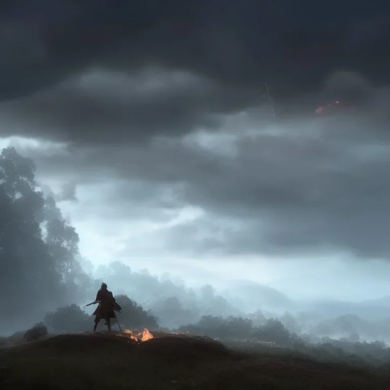 Distant epic scenary. Heavy rain. Epic Lighting in the night sky. Knight with magic scroll in hand. Falling meteorite in the sky. Fireball. Meteorite burning in the distance. Dark, black mud.