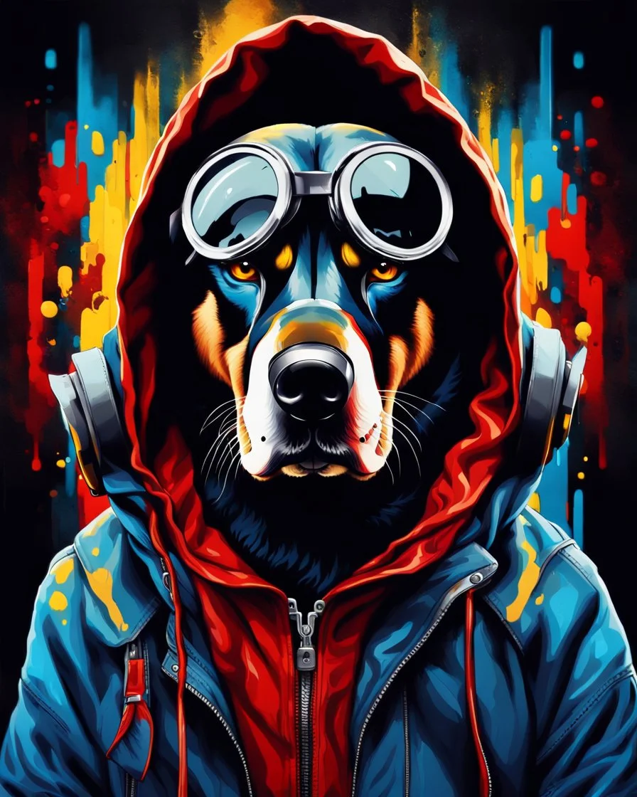 Vibrant and dynamic masterpiece with fluid patterns forming a killer dog wearing a hood and a gas mask, its eyes are intense. Bright colors of red, blue and a touch of yellow, creating a fascinating effect. The black background creates a strong contrast, making the colors stand out even more., concept art, dark fantasy, vibrant, painting, portrait photography