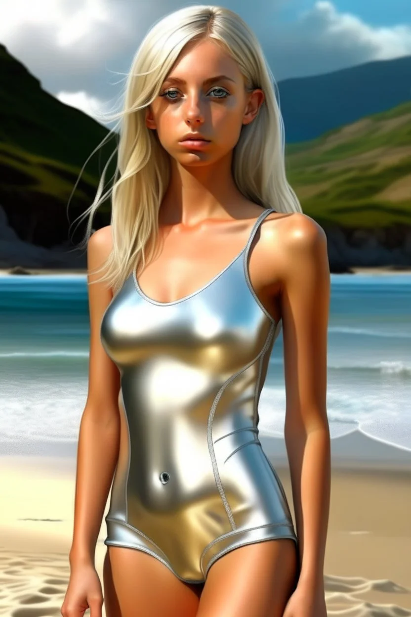 woman, skinny, small boobs, hicut silver onepiece swimsuit, photorealistic, similar hanalei reponty, blond