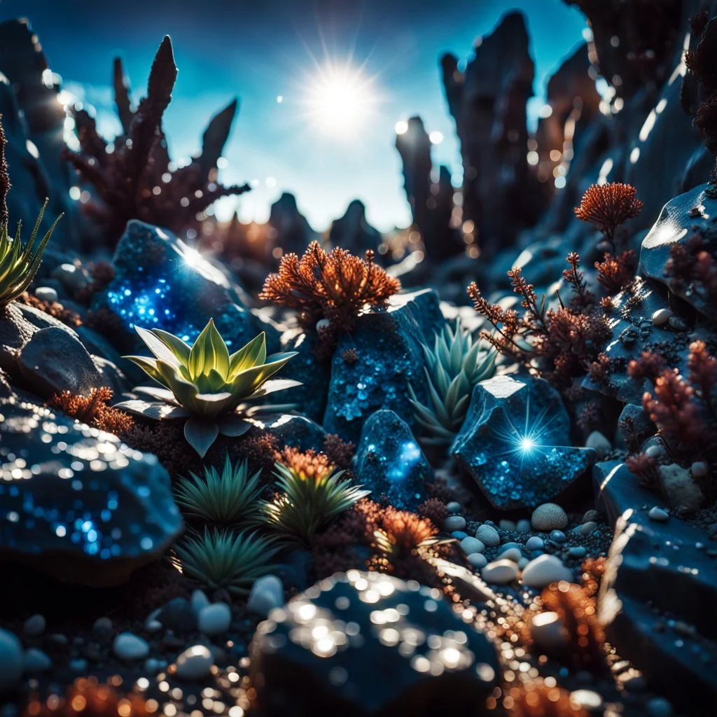 A striking photograh close-up captures a hyperrealistic wasteland with group of plants and glossy material, adorned with minerals and rocks. Bathed in intense light, eerie, giant blue sun, 8k, deep 3d field, rock formations, strong texture, extreme detail, intricate, colours, rich moody colors, sparkles, bokeh, 33mm photography