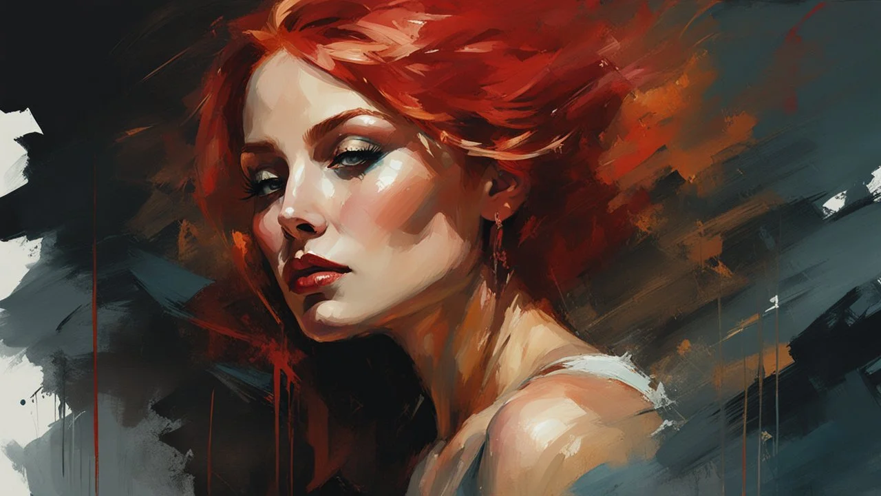 muscular russian woman 28yo with red hair, on a pinup poster : dark mysterious esoteric atmosphere :: digital matt painting with rough paint strokes by Jeremy Mann + Carne Griffiths + Leonid Afremov, black canvas