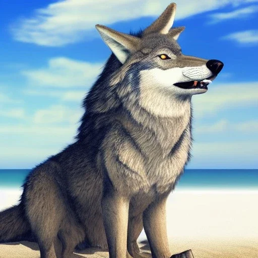 very cute realistic detailed wolf dragon with angel wings, ultra high resolution, realistic, standing in front of the ocean on the beach,