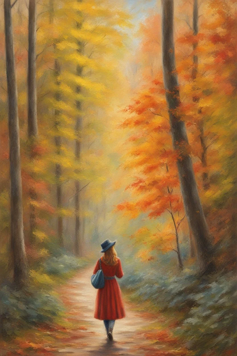 Painting of a girl in an autumn forest, oil pastel style, fine detail, by Thomas Kinkade